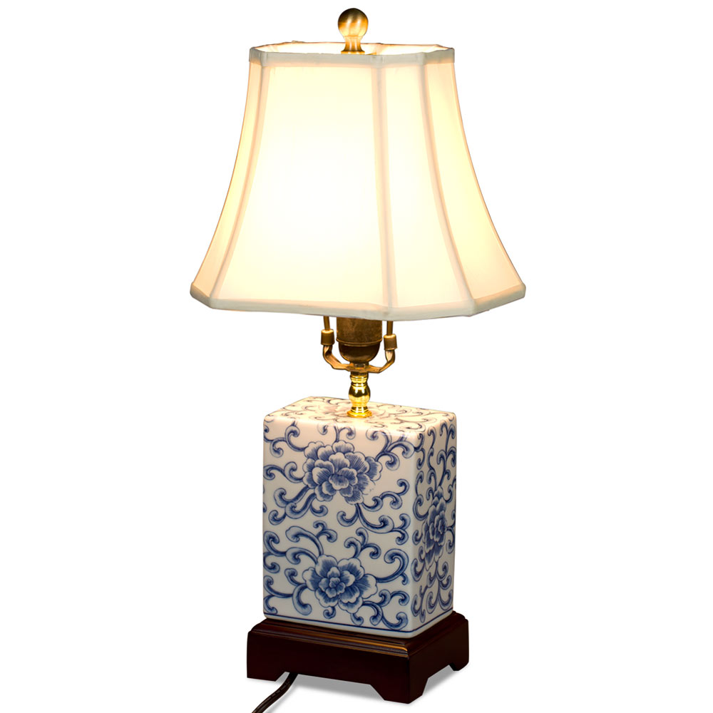 Blue and White Peony Motif Rectangular Asian Porcelain Lamp