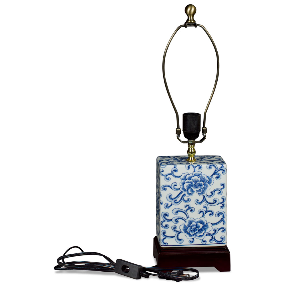 Blue and White Peony Motif Rectangular Asian Porcelain Lamp