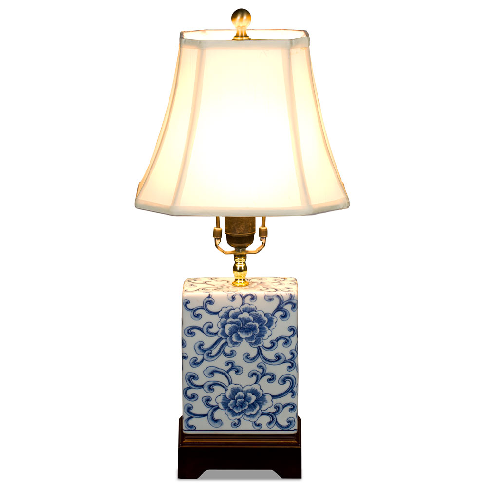 Blue and White Peony Motif Rectangular Asian Porcelain Lamp