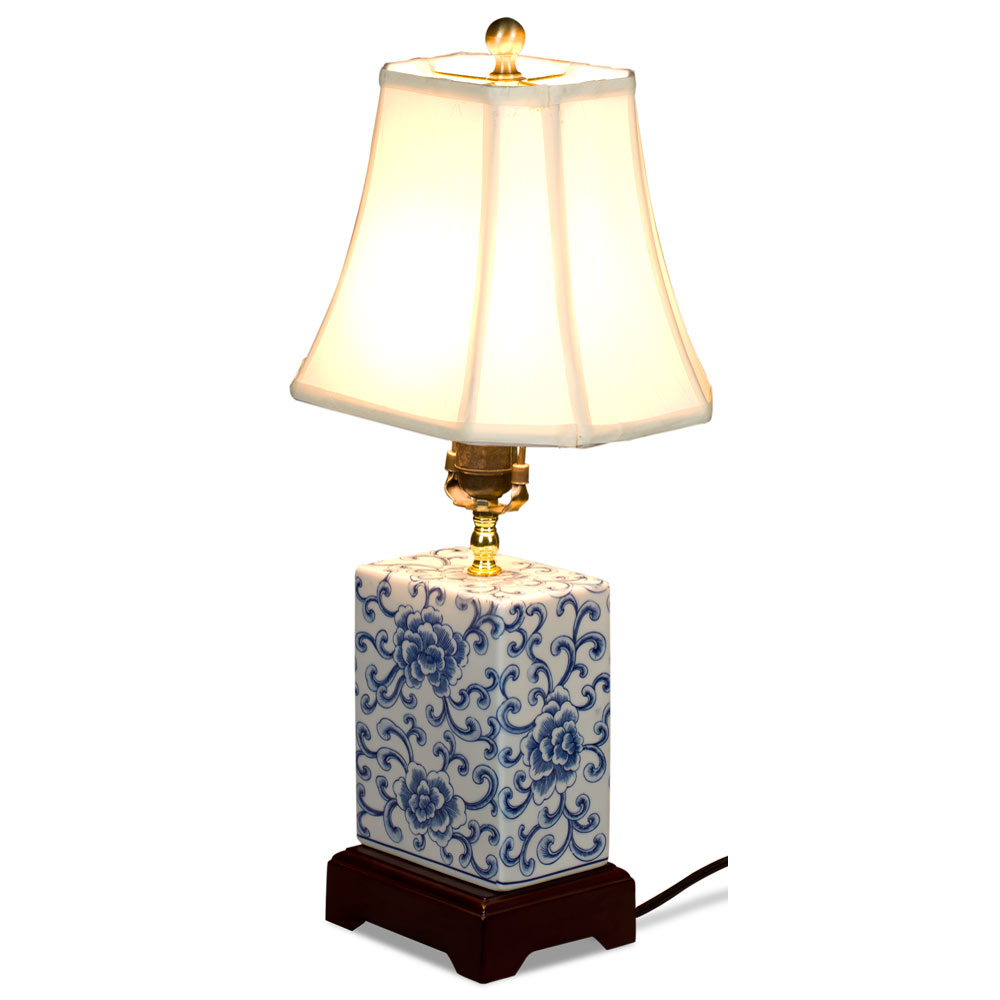 Blue and White Peony Motif Rectangular Asian Porcelain Lamp