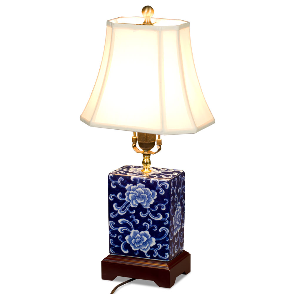 Dark Blue and White Peony Motif Rectangular Asian Porcelain Lamp