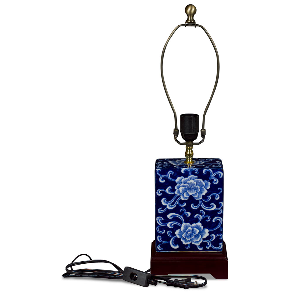 Dark Blue and White Peony Motif Rectangular Asian Porcelain Lamp