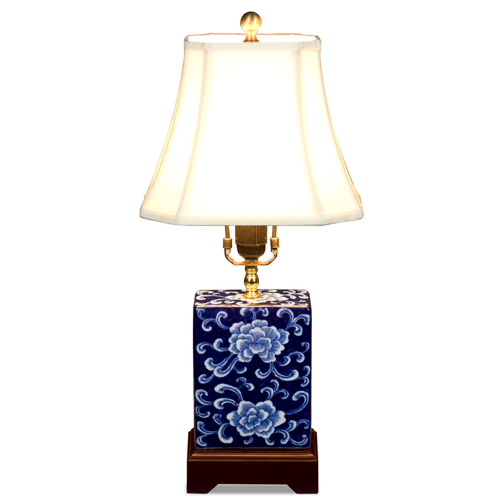 Dark Blue and White Peony Motif Rectangular Asian Porcelain Lamp