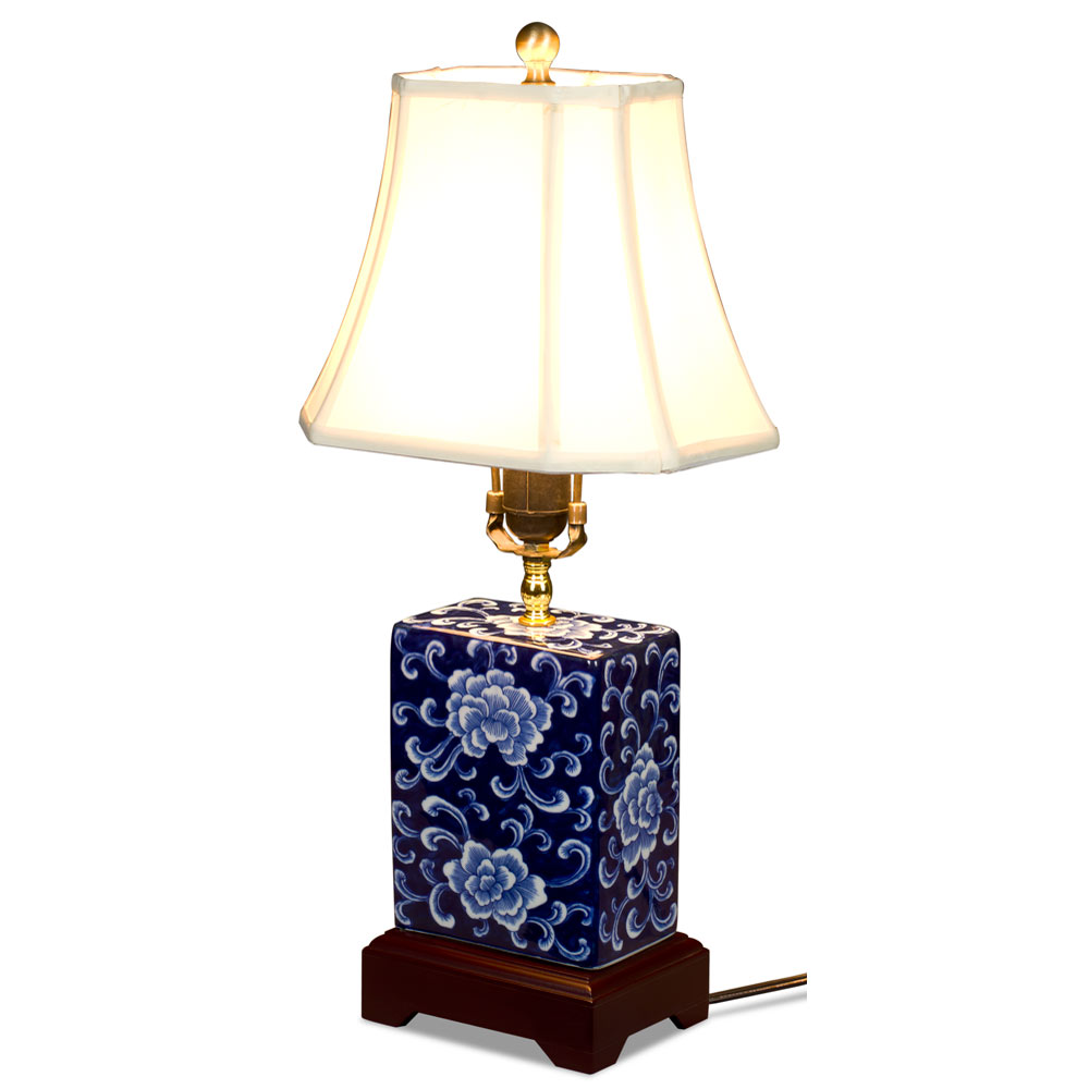 Dark Blue and White Peony Motif Rectangular Asian Porcelain Lamp