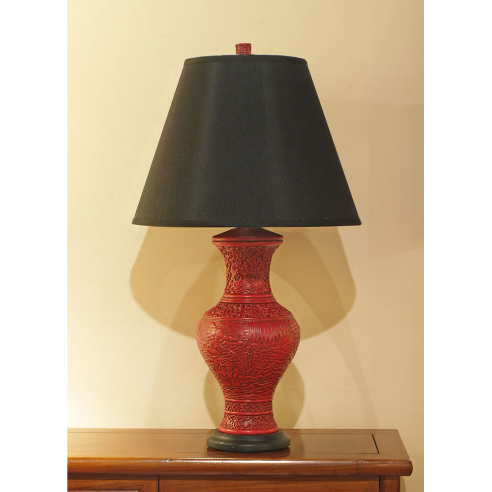 Red Cinnabar Vase Chinese Lamp with Black Shade