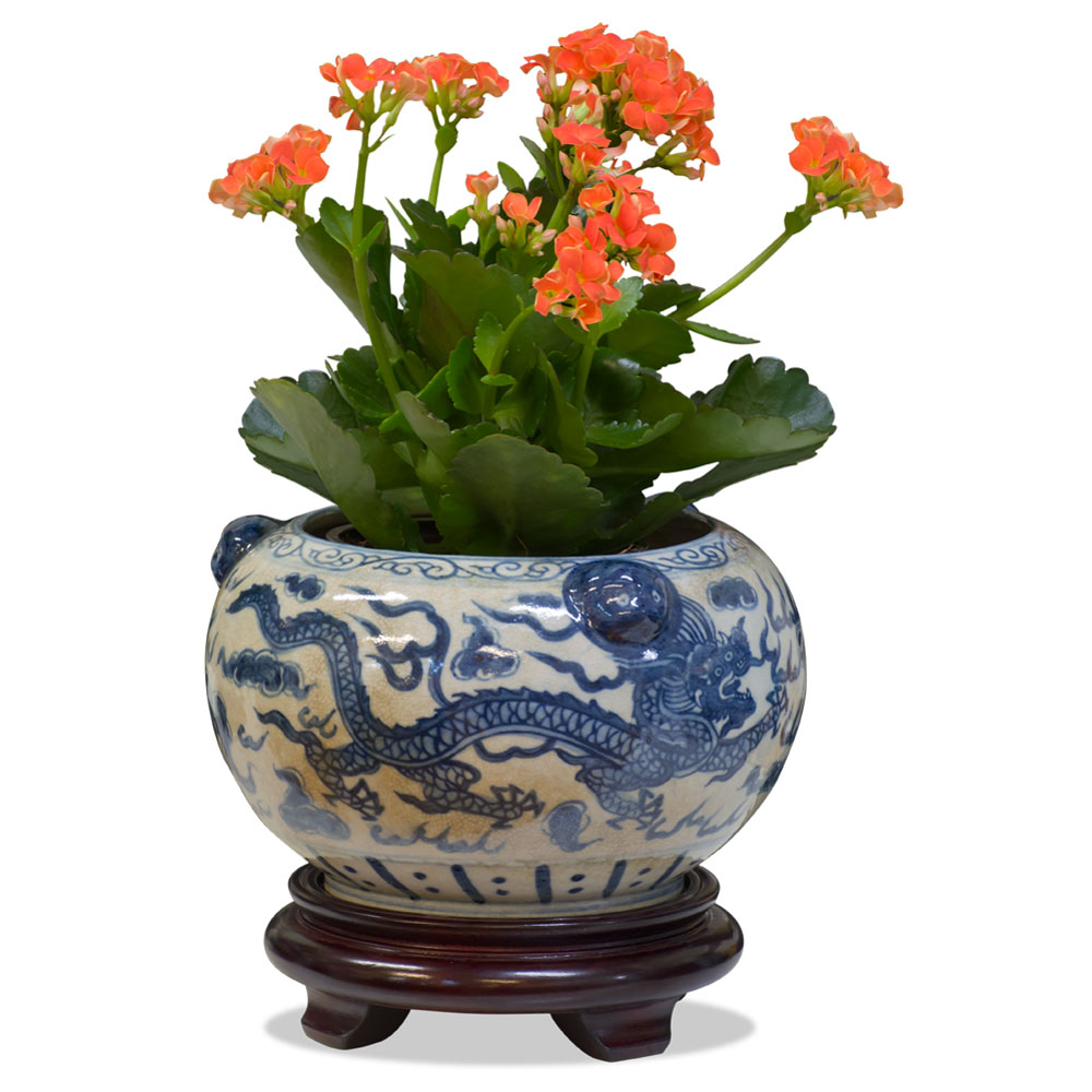 Blue and White Porcelain Double Dragon Asian Planter