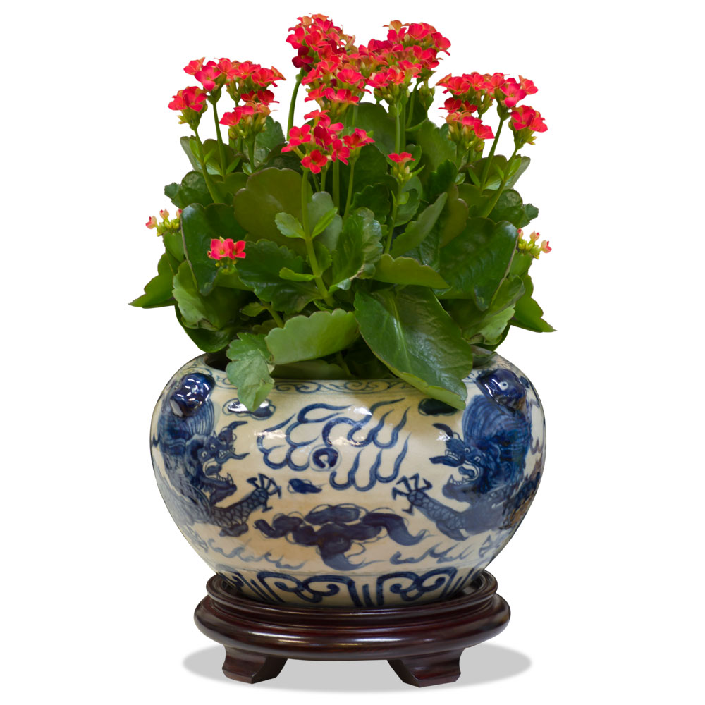 Blue and White Porcelain Double Dragon Asian Planter