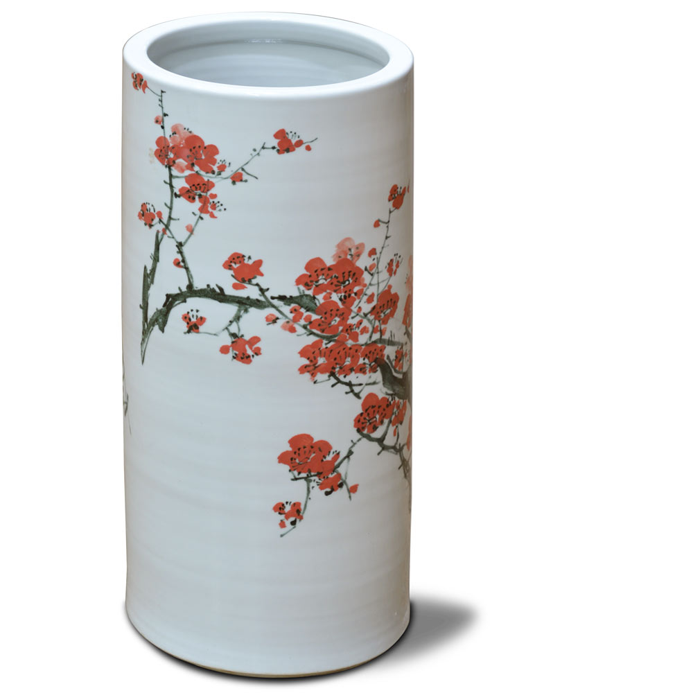 Hand Painted Red Cherry Blossom Design Asian Porcelain Umbrella Stand