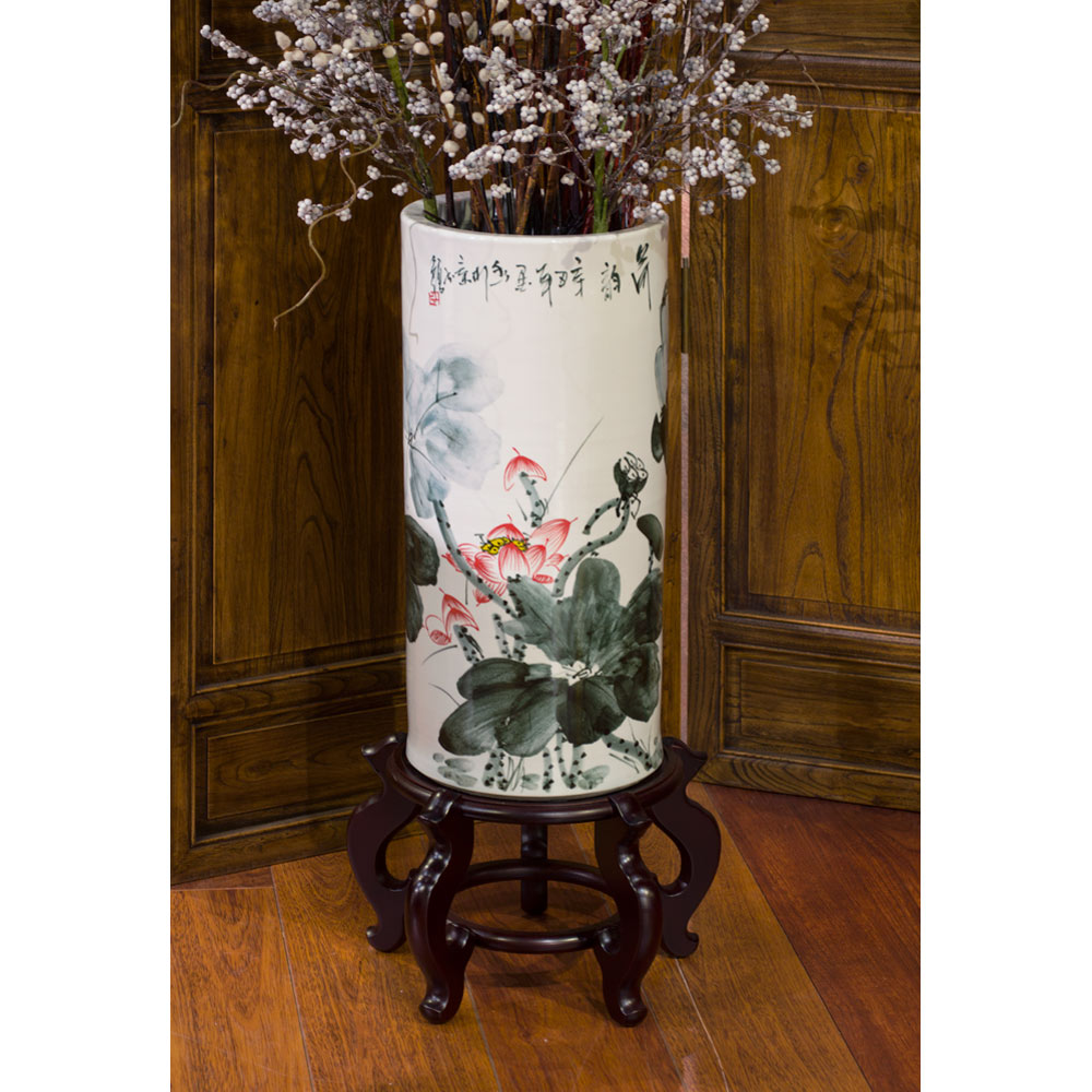 Hand Painted Green Lotus Design Asian Porcelain Umbrella Stand