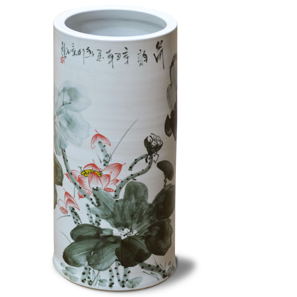 Hand Painted Green Lotus Design Asian Porcelain Umbrella Stand