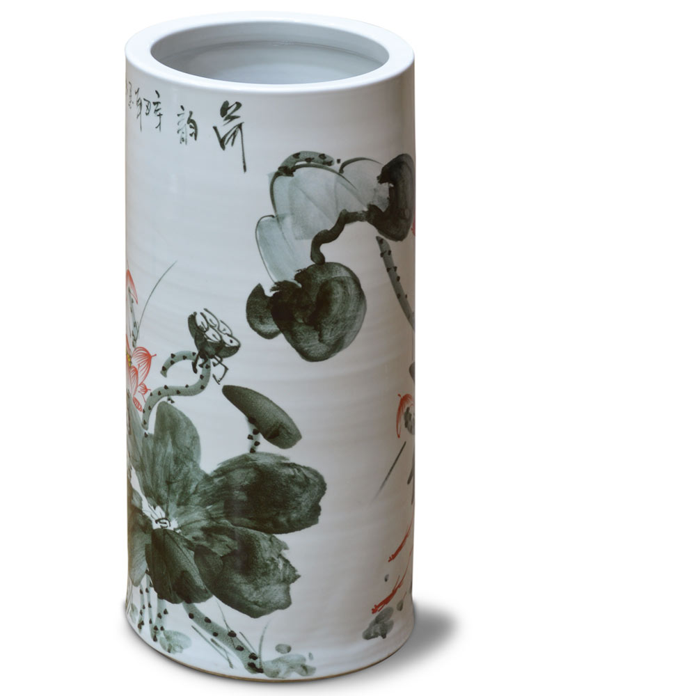 Hand Painted Green Lotus Design Asian Porcelain Umbrella Stand