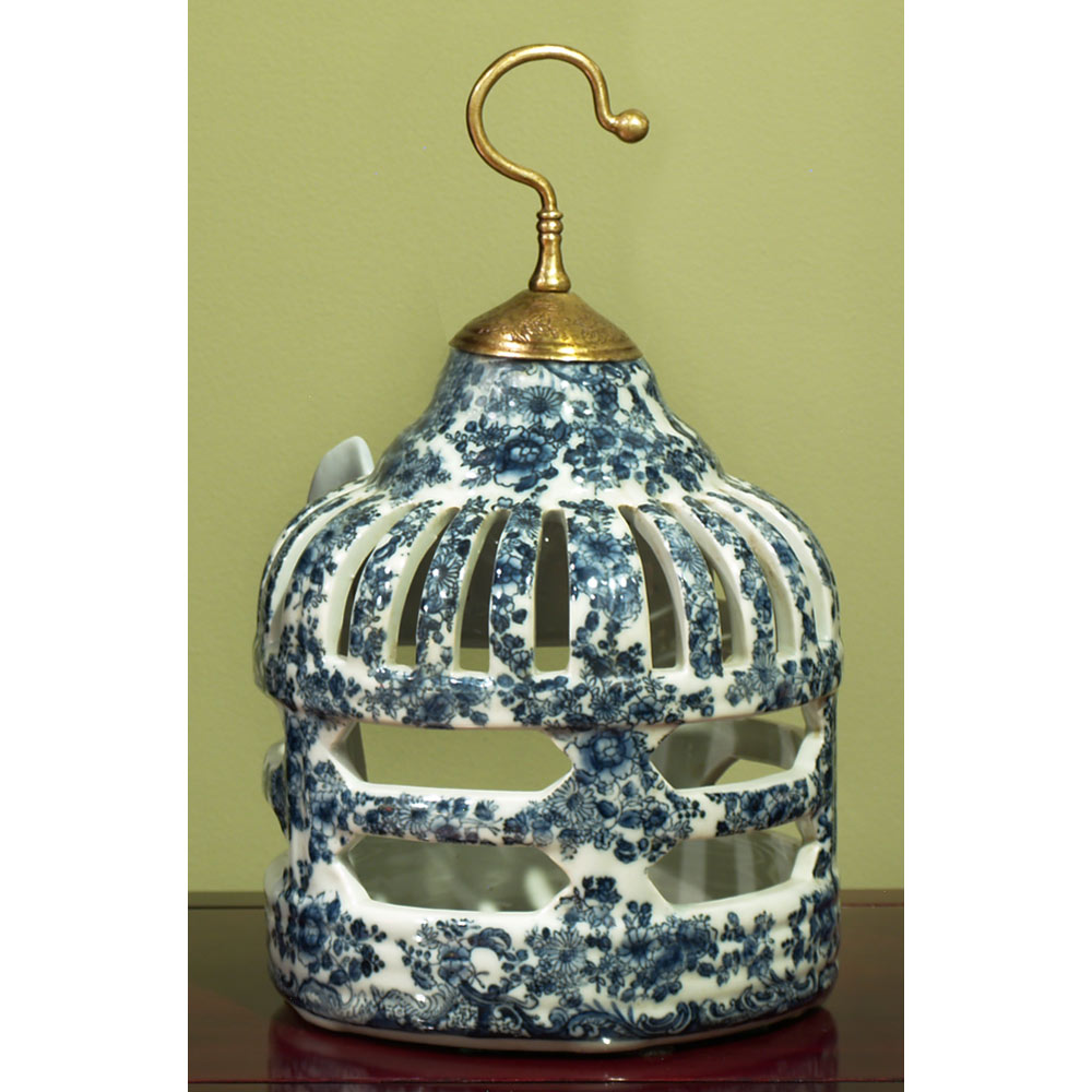 Blue and White Porcelain Bird Cage Asian Candle Holder