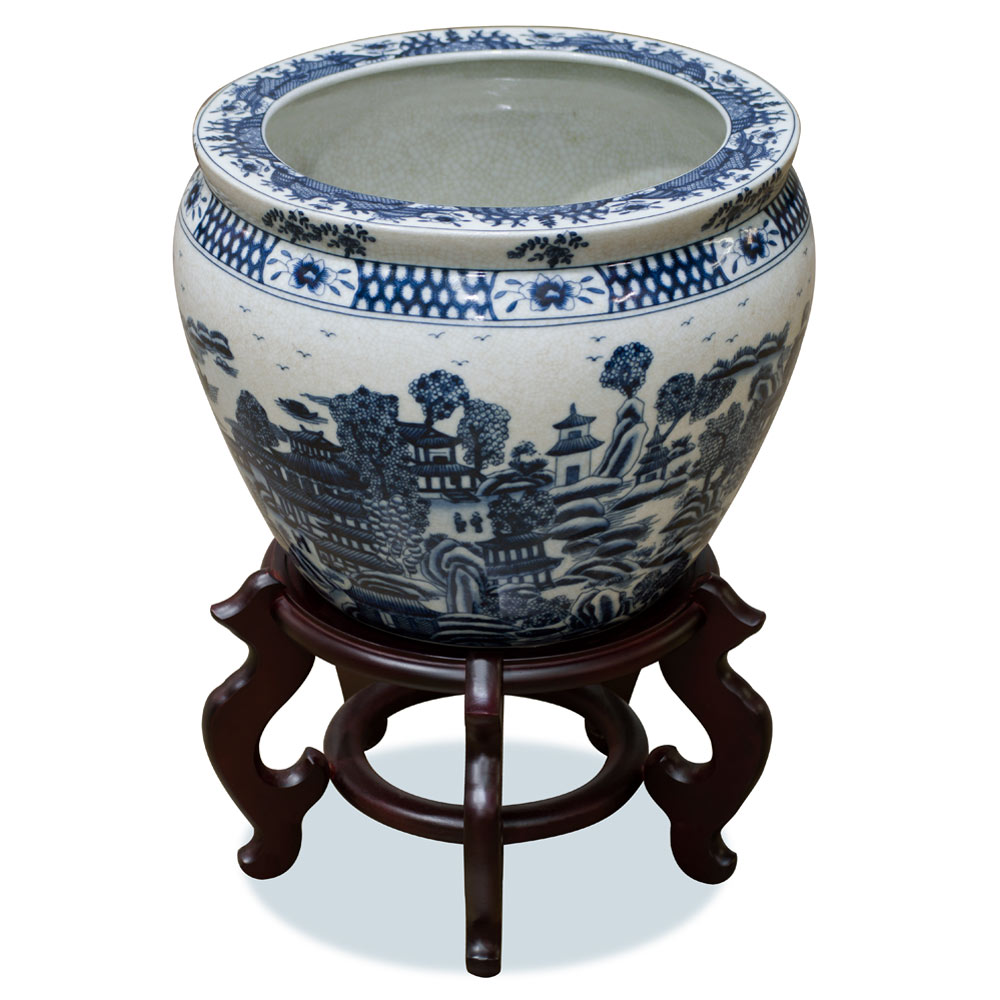 12 Inch Blue Canton Porcelain Chinese Fishbowl Planter