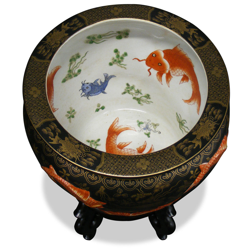 12 Inch Porcelain Koi Fish Motif Chinese Fishbowl Planter