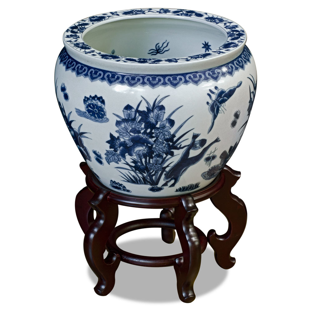 14 Inch Blue and White Porcelain Lotus Pond Chinese Fishbowl Planter