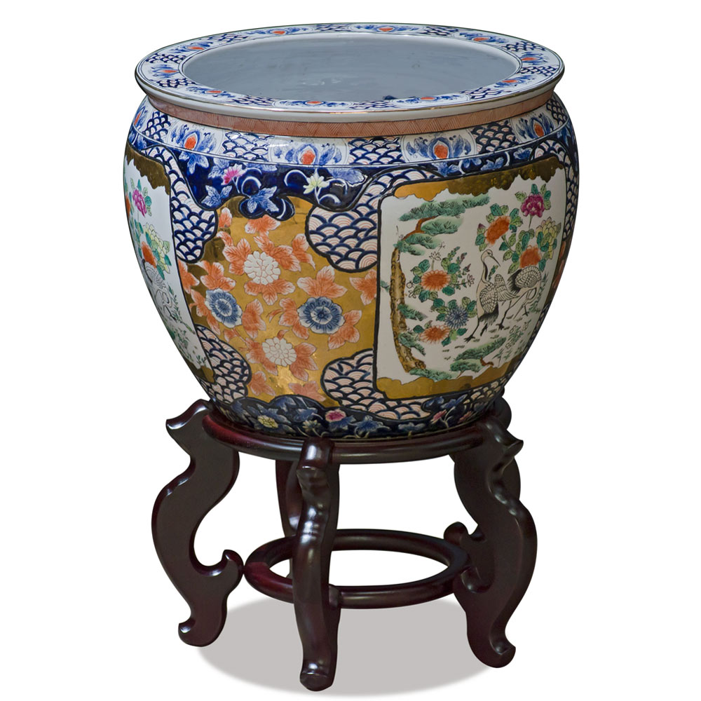 14 Inch Crane and Chrysanthemum Motif Chinese Fishbowl Planter