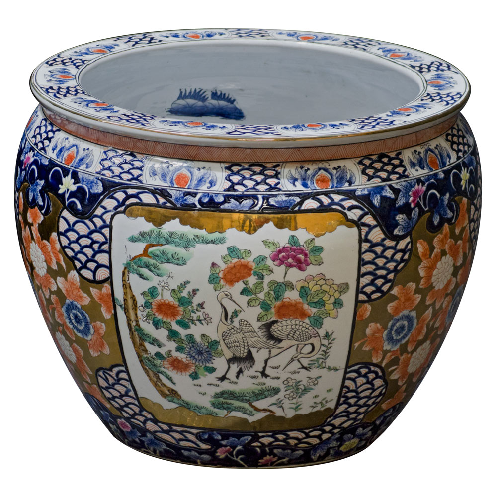 14 Inch Crane and Chrysanthemum Motif Chinese Fishbowl Planter