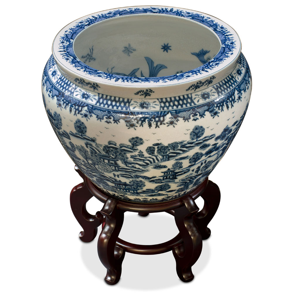 15 Inch Blue and White Porcelain Canton Scenery Oriental Fishbowl Planter