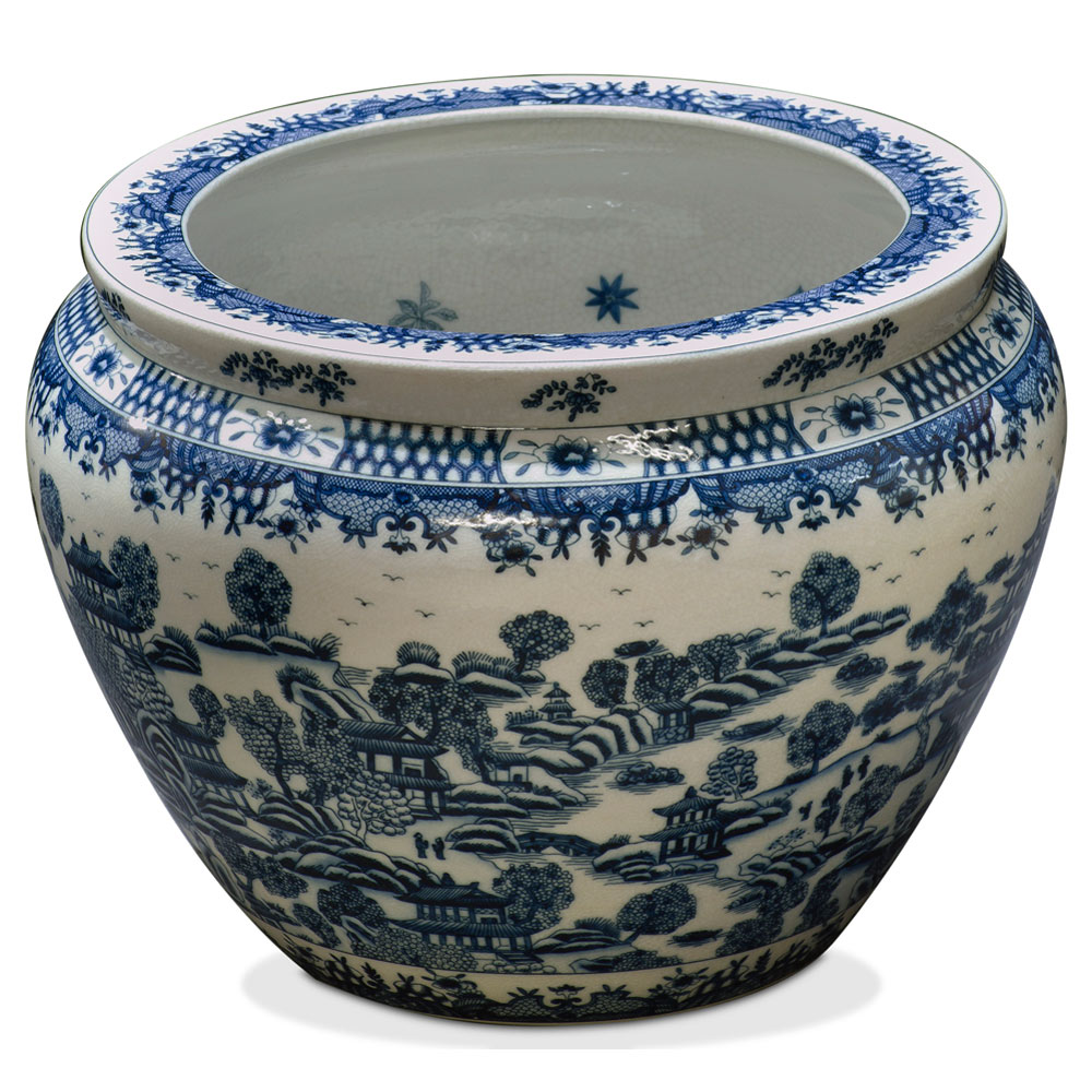 15 Inch Blue and White Porcelain Canton Scenery Oriental Fishbowl Planter