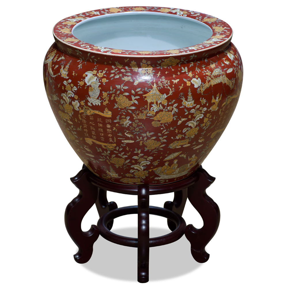 Hand Painted Dark Red Chinoiserie Motif Porcelain Chinese Fishbowl Planter