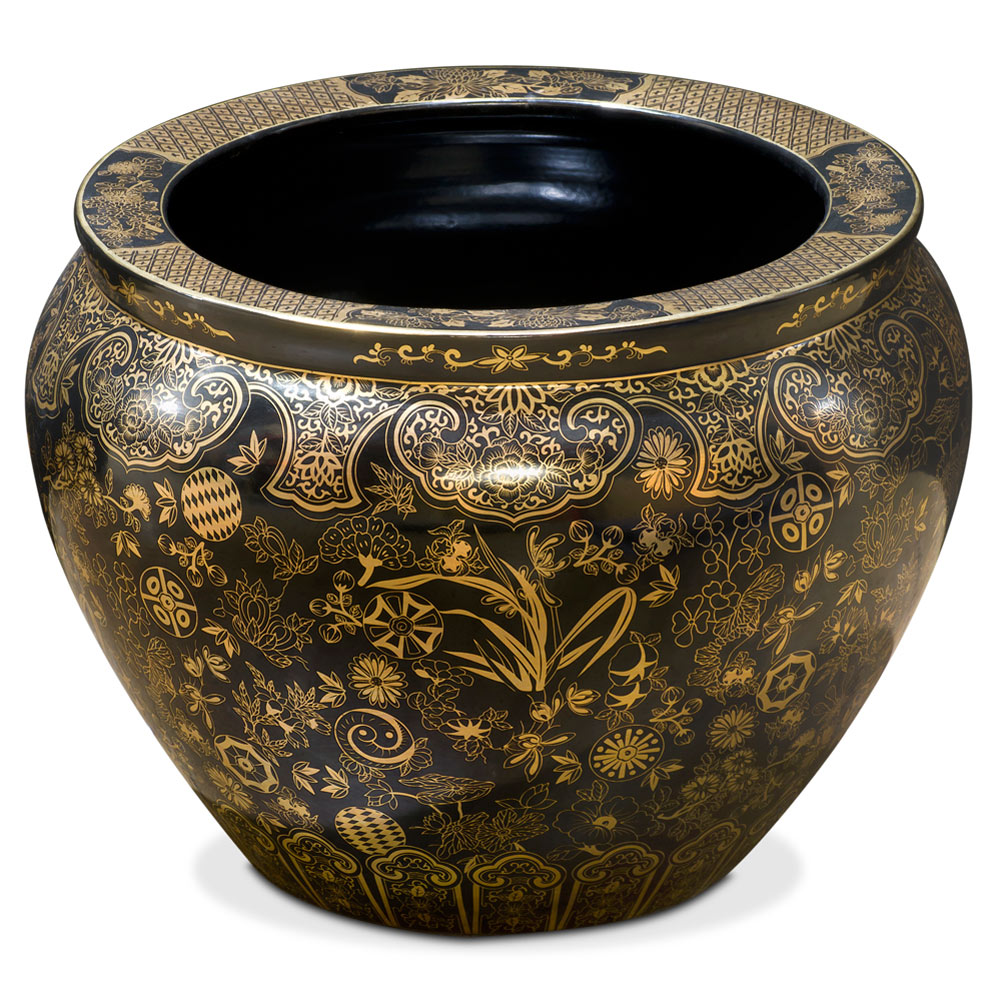 15 Inch Black and Gold Leaves and Vines Chinese Fishbowl Planter