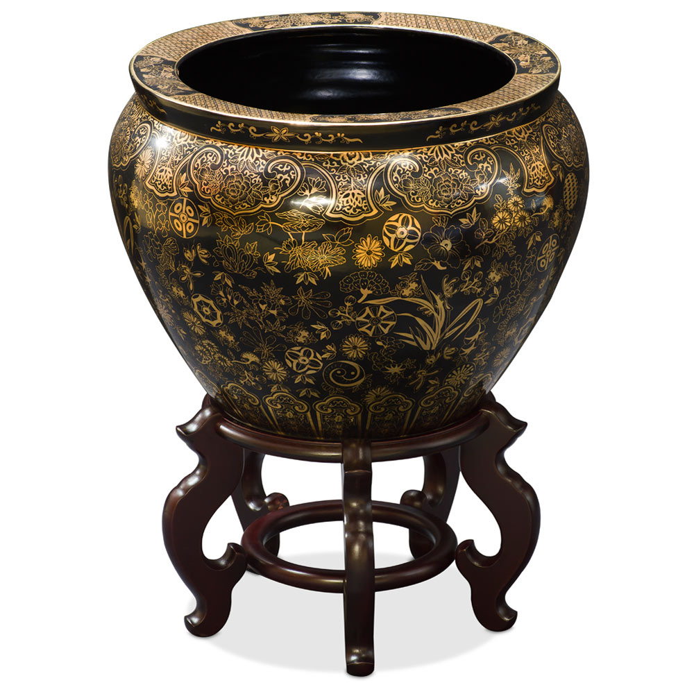 15 Inch Black and Gold Leaves and Vines Chinese Fishbowl Planter