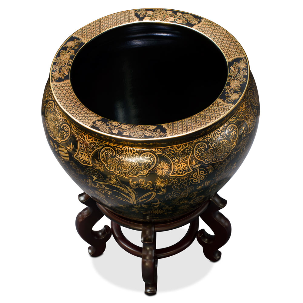 15 Inch Black and Gold Leaves and Vines Chinese Fishbowl Planter