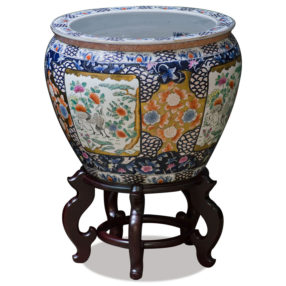 16 Inch Crane and Chrysanthemum Motif Chinese Fishbowl Planter