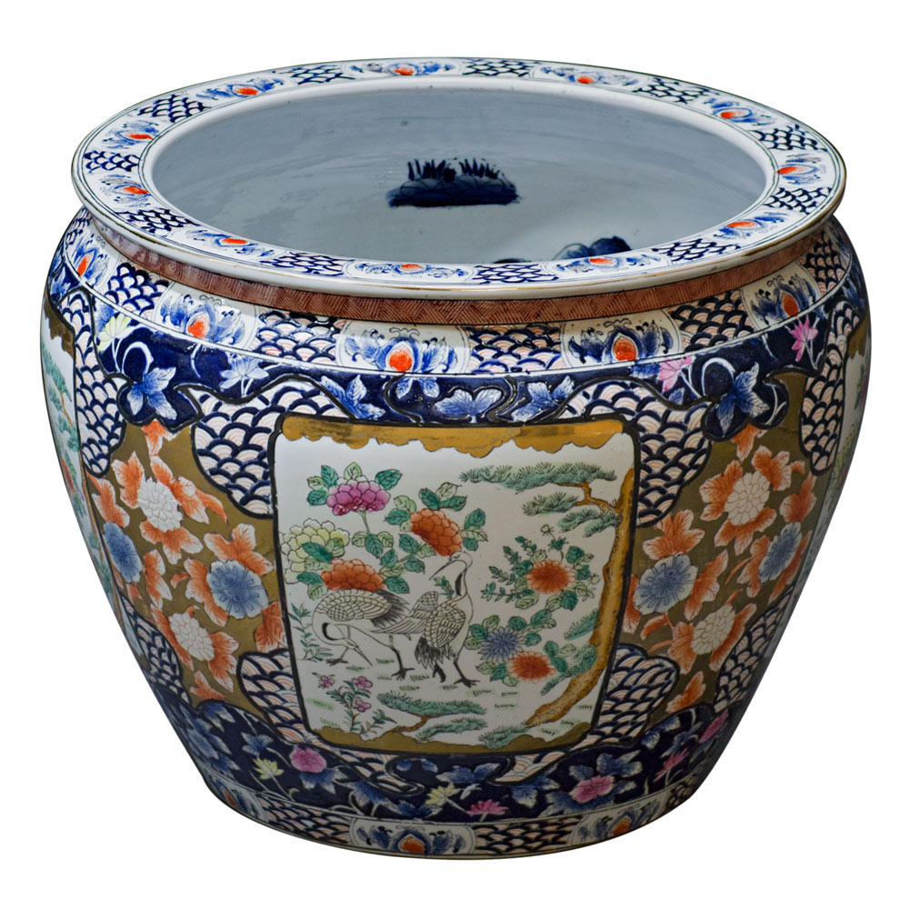 16 Inch Crane and Chrysanthemum Motif Chinese Fishbowl Planter