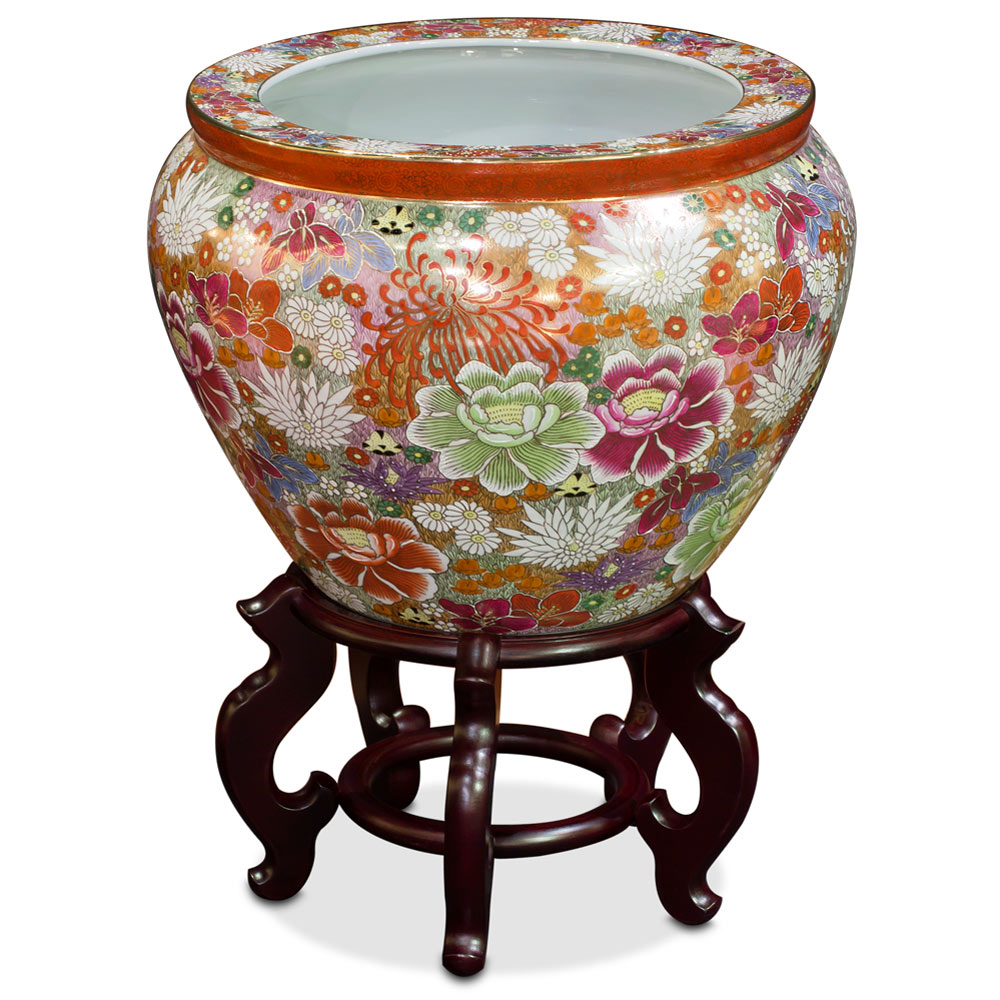 15 Inch Hand Painted Hanazume Japanese Thousand Flower Porcelain Fishbowl Planter