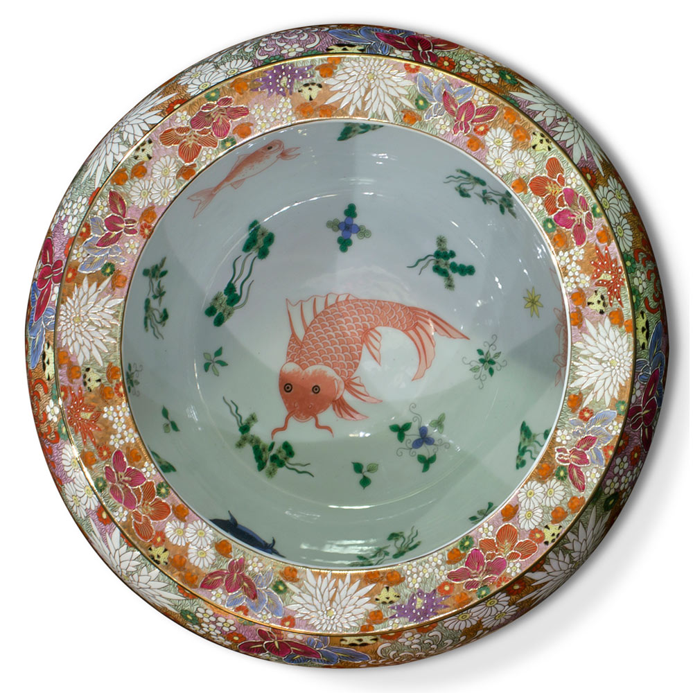 15 Inch Hand Painted Hanazume Japanese Thousand Flower Porcelain Fishbowl Planter