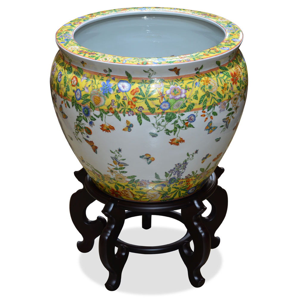 18 Inch Porcelain Butterfly and Flower Motif Chinese Fishbowl Planter