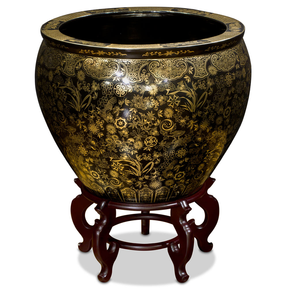 22.5 Inch Black and Gold Floral Design Chinese Fishbowl Planter