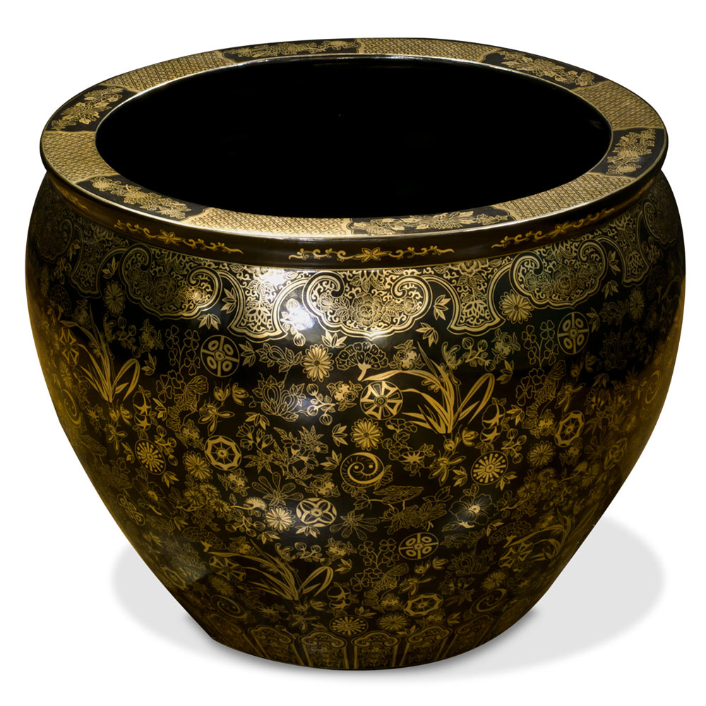 22.5 Inch Black and Gold Floral Design Chinese Fishbowl Planter