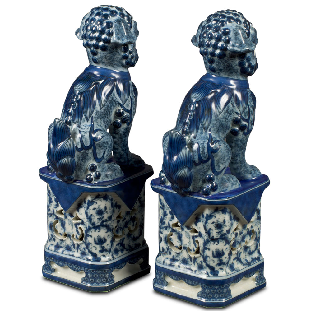 Blue and White Canton Porcelain Chinese Foo Dogs Set