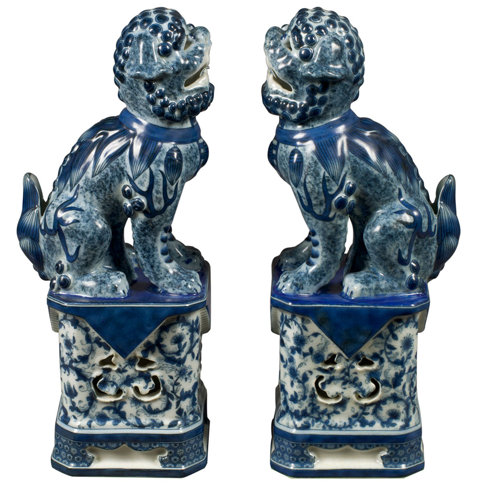 Blue and White Canton Porcelain Chinese Foo Dogs Set