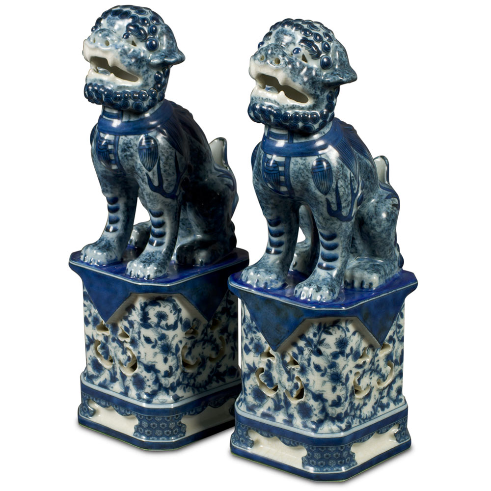 Blue and White Canton Porcelain Chinese Foo Dogs Set