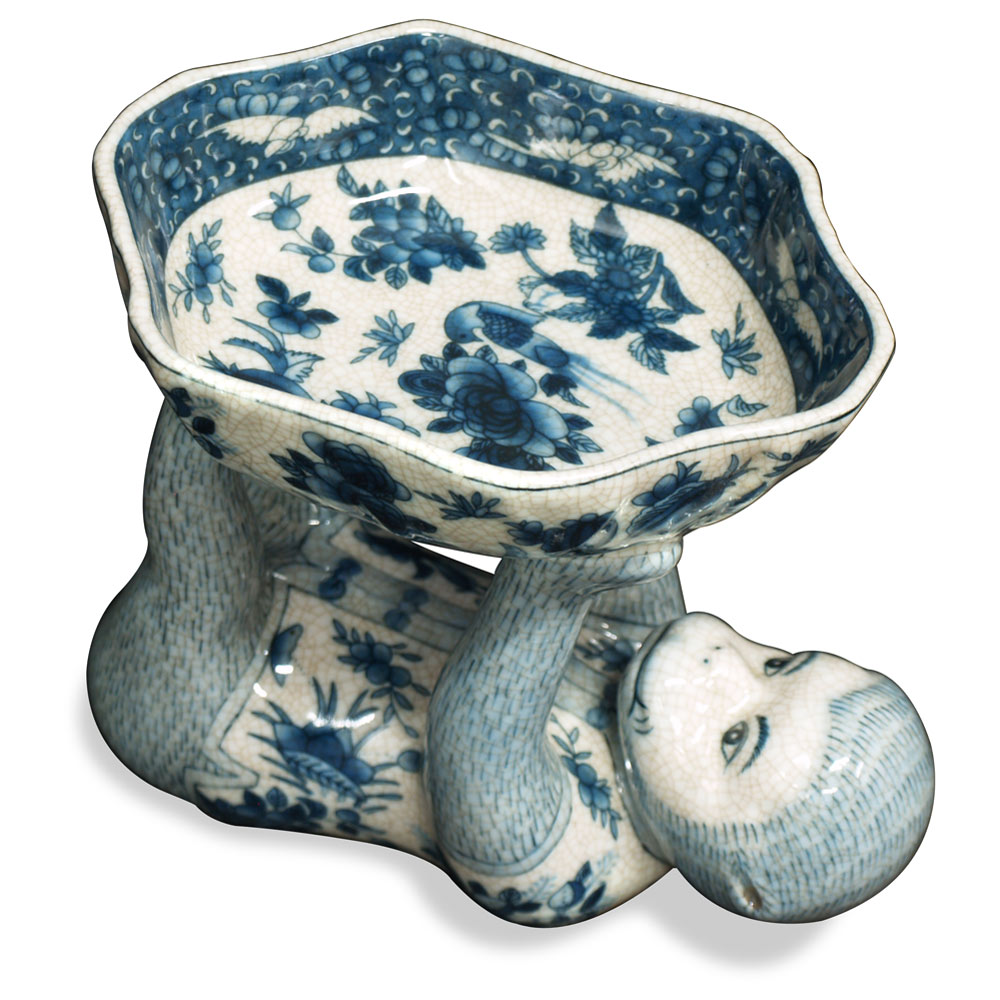 Blue and White Chinese Porcelain Monkey Holding Lotus Dish