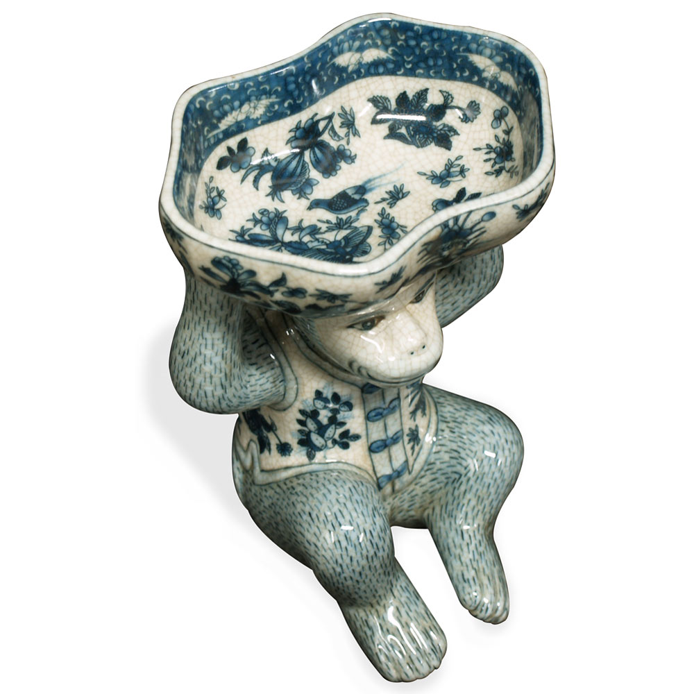 Blue and White Chinese Porcelain Monkey Holding Lotus Dish