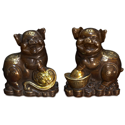 Bronze Lucky Boars Chinese Figurines Set