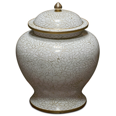 White Peony Flower Motif Oriental Cloisonne Jar