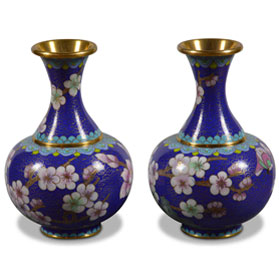 Blue Floral Motif Oriental Imperial Cloisonne Vase Set