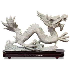 Jade Flying Dragon Chinese Statue with Wooden Stand