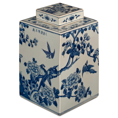 Blue and White Porcelain Flower and Birds Chinese Tea Jar