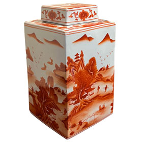 Red Orange Porcelain Scenery Chinese Tea Jar