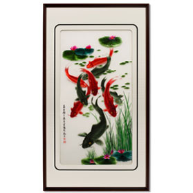 Vertical Chinese Silk Embroidery of Nine Koi Fish and Lotus Flowers