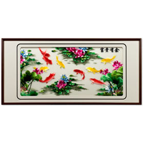 Chinese Silk Embroidery of Nine Koi Fish and Lotus Flowers