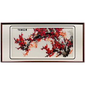 Rectangular Chinese Silk Embroidery of Red Cherry Blossom Tree