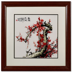 Square Chinese Silk Embroidery of Red Cherry Blossom Tree