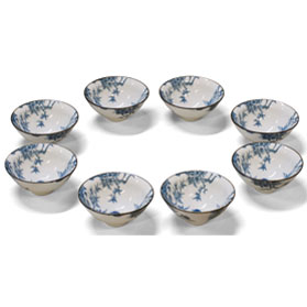 Blue & White Bird and Flower Motif Chinese Porcelain Tea Cups